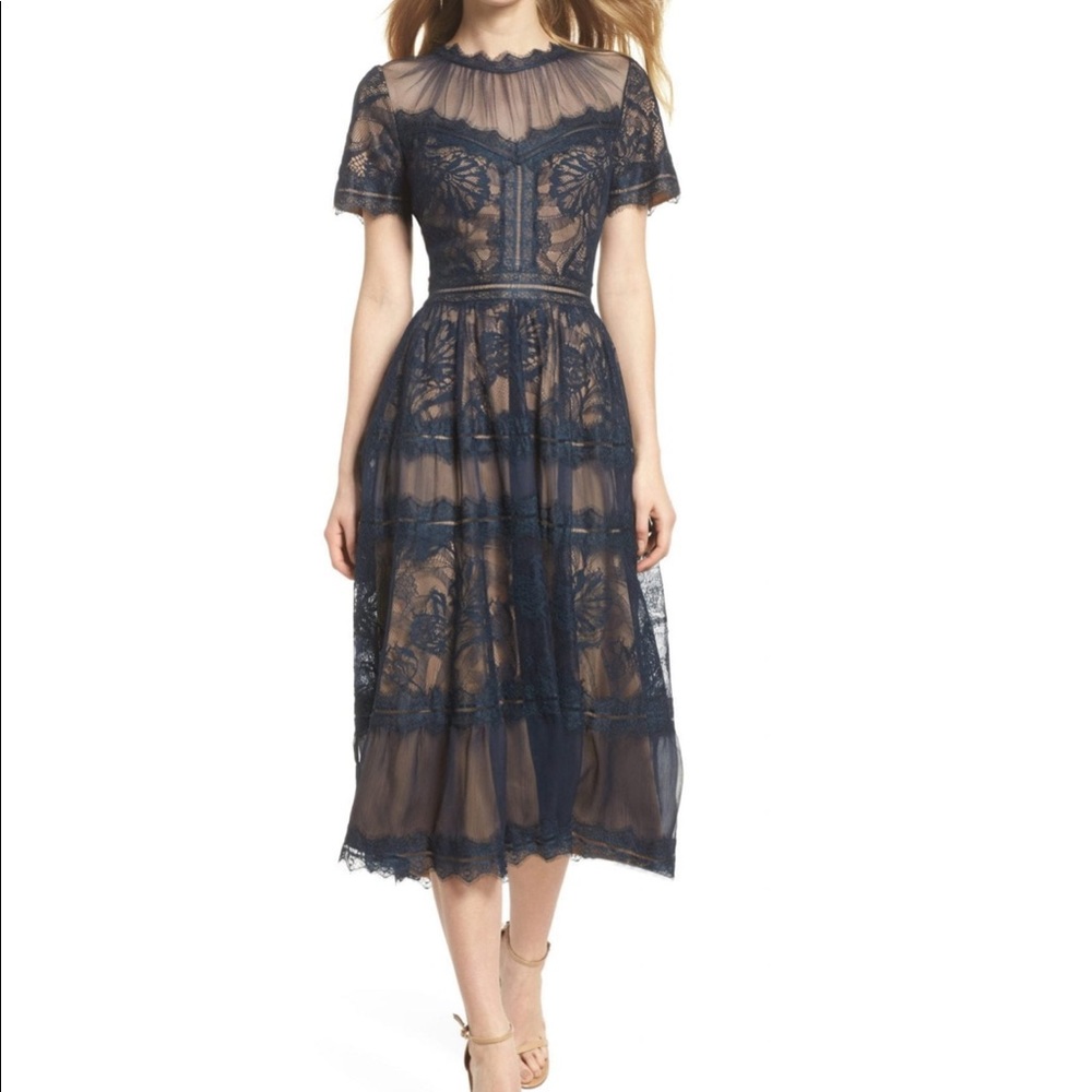 TADASHI SHOJI Lace Midi Navy Dress
